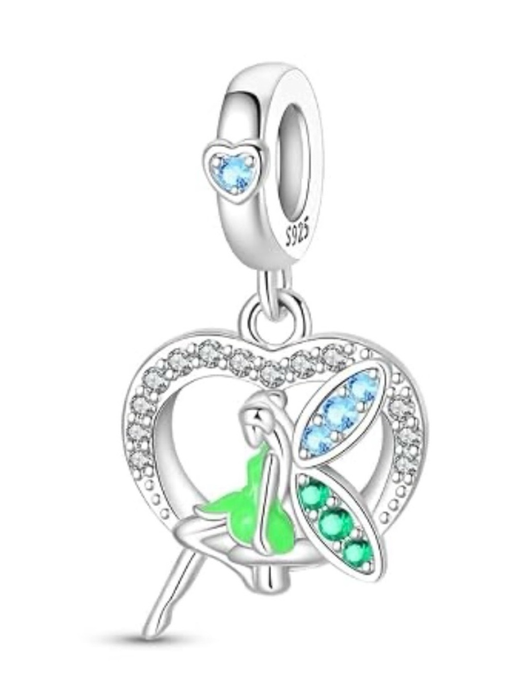 925 Fairy Heart Dangle Charm Blue & Green CZ Sterling Silver